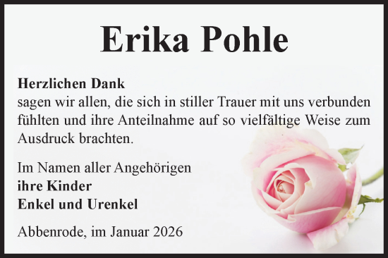 Traueranzeige von Erika Pohle von Volksstimme Wernigerode