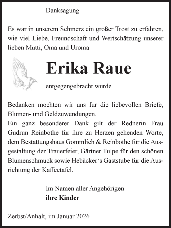 Traueranzeige von Erika Raue von Volksstimme Zerbst