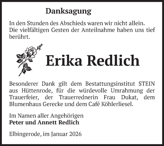 Traueranzeige von Erika Redlich von Volksstimme Wernigerode