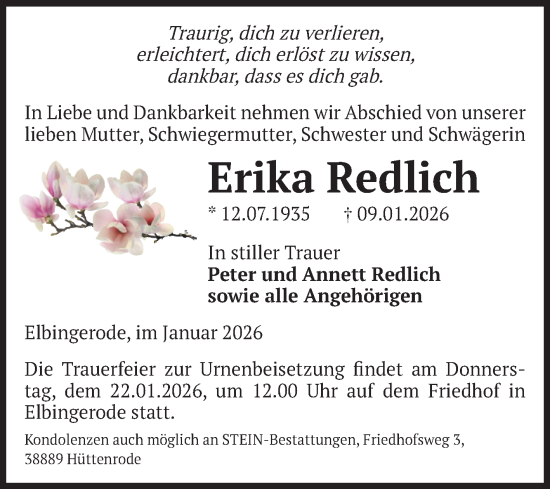 Traueranzeige von Erika Redlich von Volksstimme Wernigerode