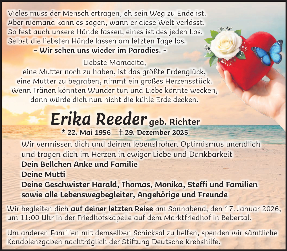  Traueranzeige für Erika Reeder vom 10.01.2026 aus Volksstimme Haldensleben/Wolmirstedt