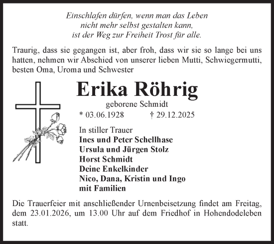 Traueranzeige von Erika Röhrig von Volksstimme Oschersleben/Wanzleben