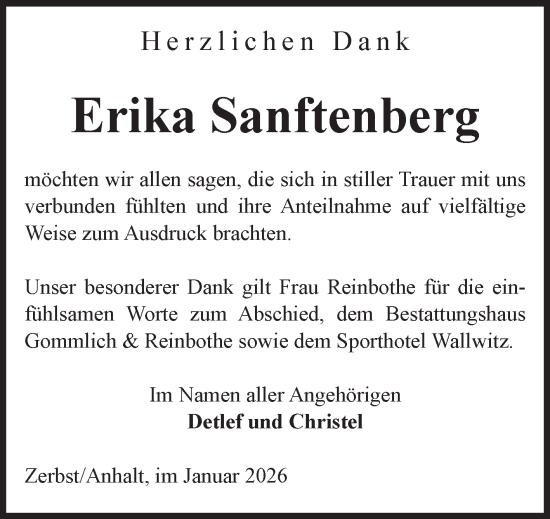 Traueranzeige von Erika Sanftenberg von Volksstimme Zerbst