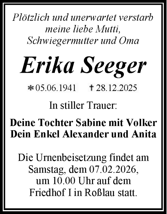 Traueranzeige von Erika Seeger von Trauerkombi Dessau