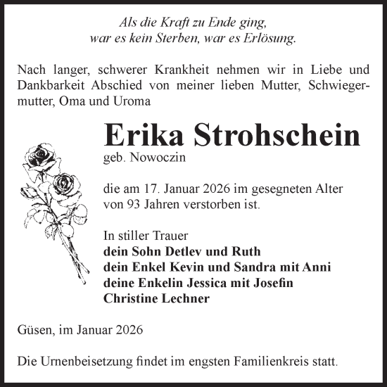 Traueranzeige von Erika Strohschein von Volksstimme Burg/Genthin
