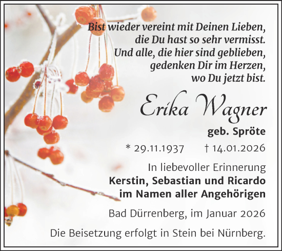 Traueranzeige von Erika Wagner von Trauerkombi Merseburg