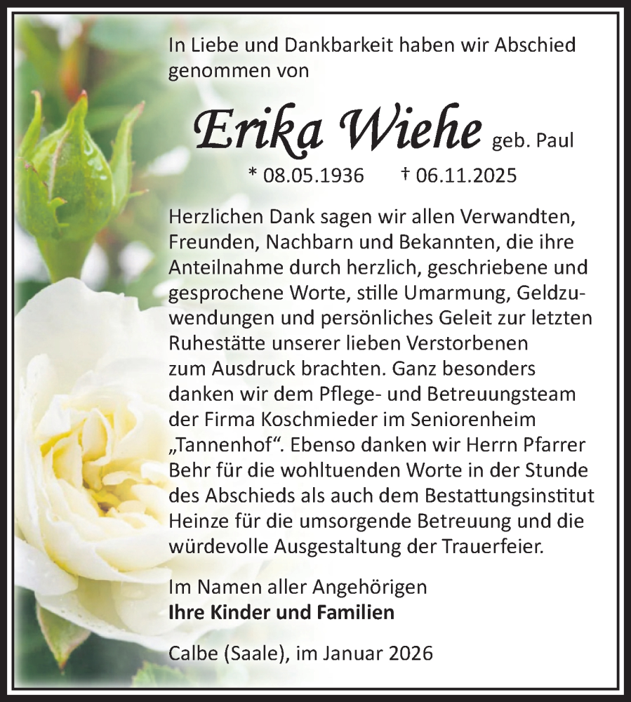  Traueranzeige für Erika Wiehe vom 10.01.2026 aus Volksstimme Schönebeck