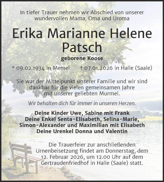 Traueranzeige von Erika Marianne Helene Patsch von Mitteldeutsche Zeitung Halle/Saalkreis