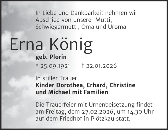 Traueranzeige von Erna König von Trauerkombi Bernburg