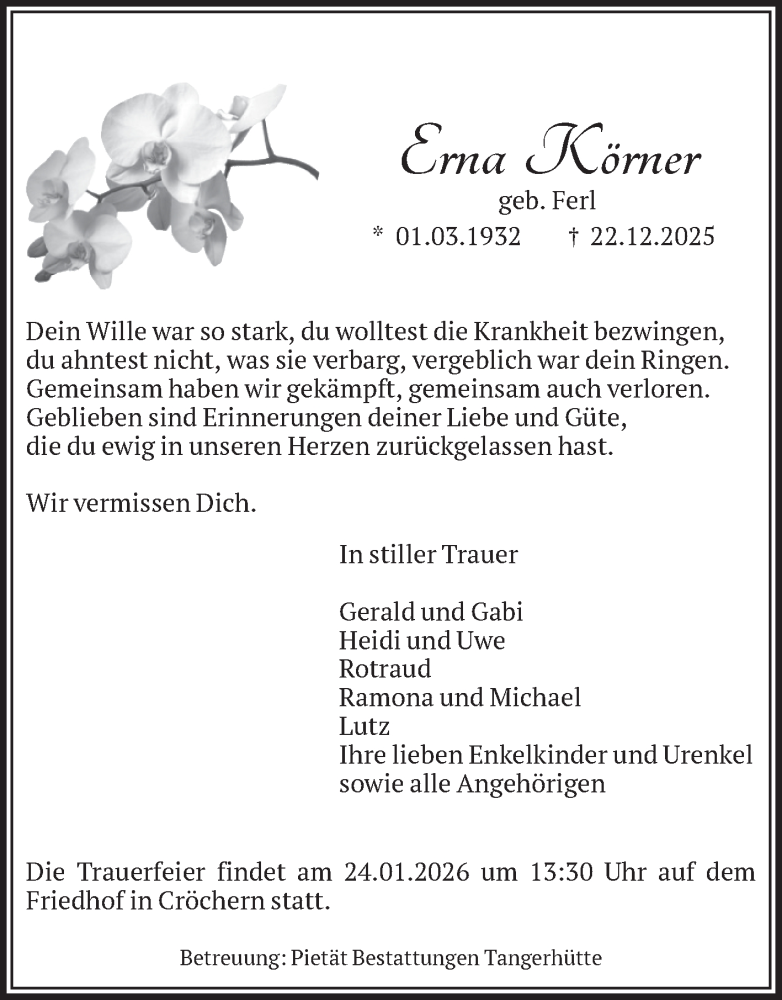  Traueranzeige für Erna Körner vom 10.01.2026 aus Volksstimme Haldensleben/Wolmirstedt