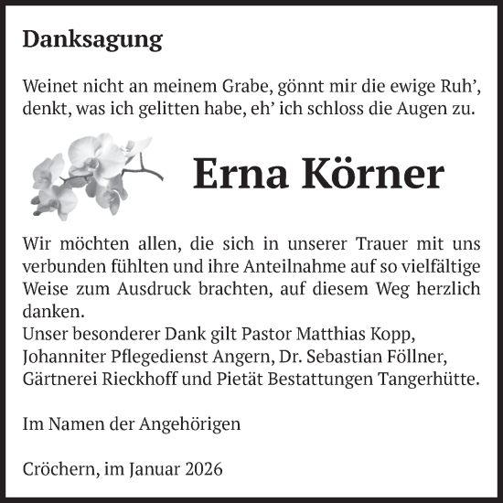 Traueranzeige von Erna Körner von Volksstimme Haldensleben/Wolmirstedt