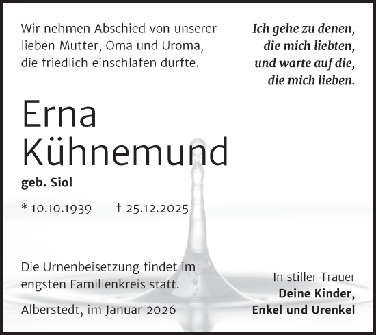 Traueranzeige von Erna Kühnemund von Trauerkombi Merseburg