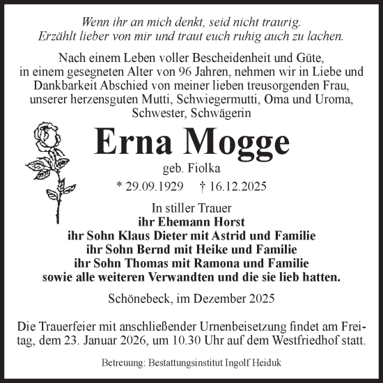 Traueranzeige von Erna Mogge von Volksstimme Schönebeck