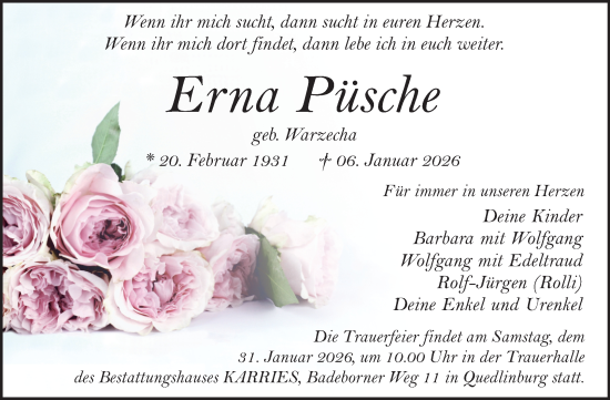 Traueranzeige von Erna Püsche von Trauerkombi Quedlinburg