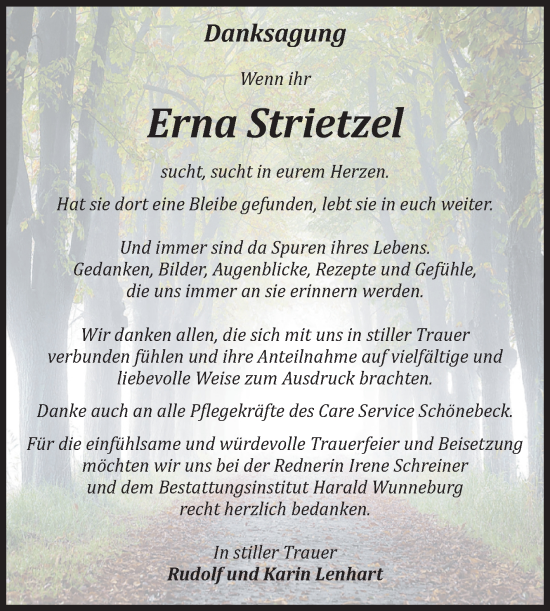 Traueranzeige von Erna Strietzel von Volksstimme Schönebeck