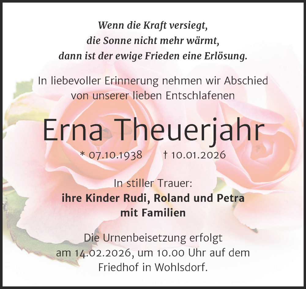  Traueranzeige für Erna Theuerjahr vom 24.01.2026 aus Trauerkombi Bernburg