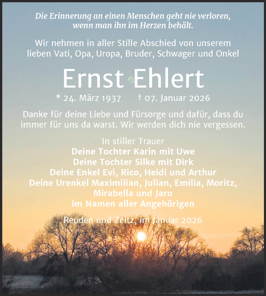  Traueranzeige für Ernst Ehlert vom 17.01.2026 aus Trauerkombi Zeitz