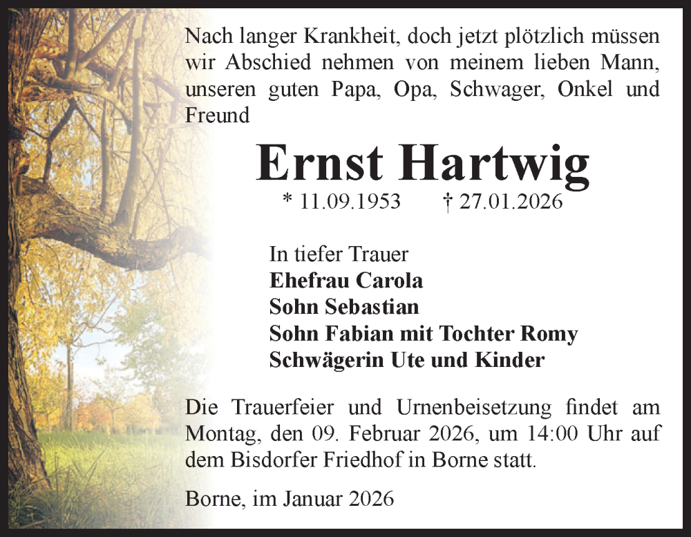  Traueranzeige für Ernst Hartwig vom 31.01.2026 aus Volksstimme Staßfurt