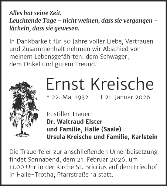 Traueranzeige von Ernst Kreische von Mitteldeutsche Zeitung Halle/Saalkreis