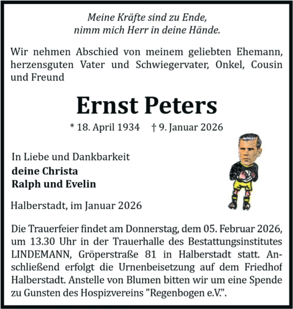  Traueranzeige für Ernst Peters vom 17.01.2026 aus Volksstimme Halberstadt