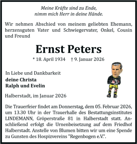 Traueranzeige von Ernst Peters von Volksstimme Halberstadt