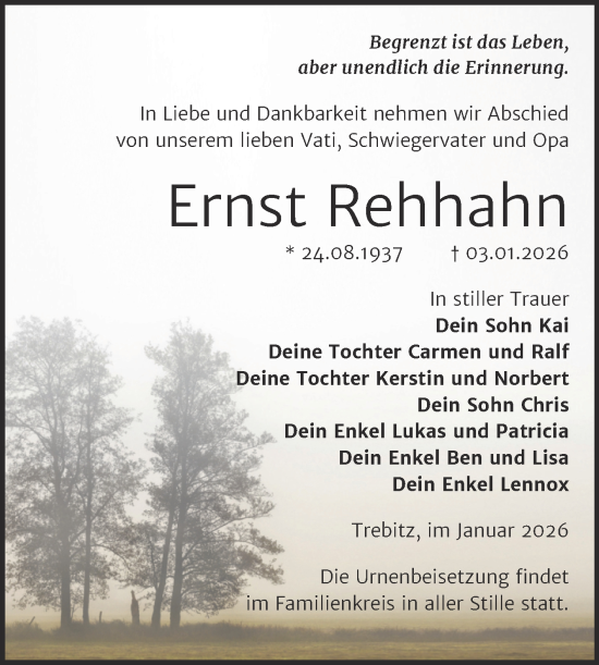 Traueranzeige von Ernst Rehhahn von Trauerkombi Wittenberg