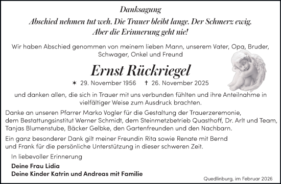 Traueranzeige von Ernst Rückriegel von Trauerkombi Quedlinburg