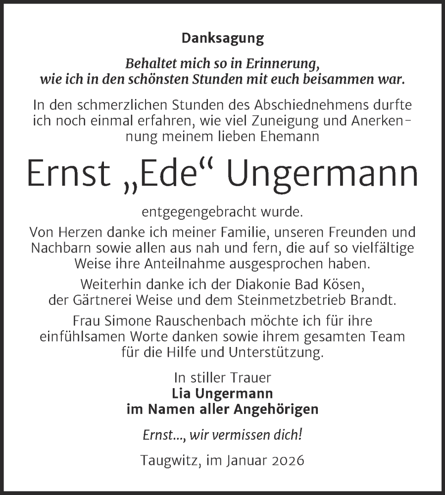  Traueranzeige für Ernst Ungermann vom 17.01.2026 aus Super Sonntag Naumburg/Nebra