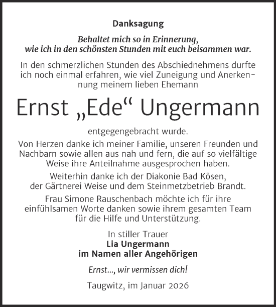 Traueranzeige von Ernst Ungermann von Super Sonntag Naumburg/Nebra