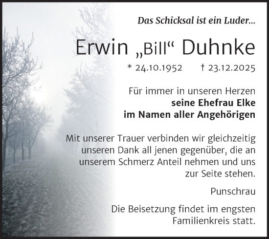 Traueranzeige von Erwin Duhnke von Super Sonntag Naumburg/Nebra