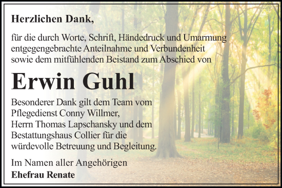 Traueranzeige von Erwin Guhl von Trauerkombi Dessau
