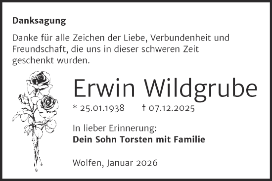 Traueranzeige von Erwin Wildgrube von Trauerkombi Bitterfeld