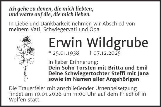 Traueranzeige von Erwin Wildgrube von Trauerkombi Bitterfeld