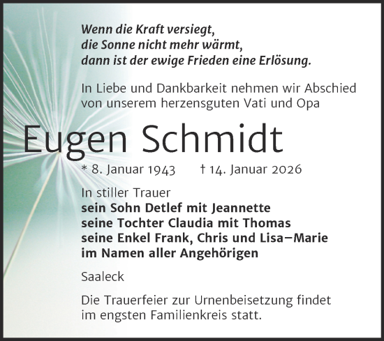 Traueranzeige von Eugen Schmidt von Naumburger Tageblatt