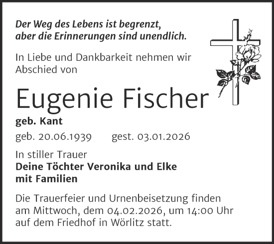 Traueranzeige von Eugenie Fischer von Trauerkombi Wittenberg