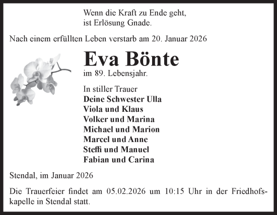 Traueranzeige von Eva Bönte von Volksstimme Altmark Ost