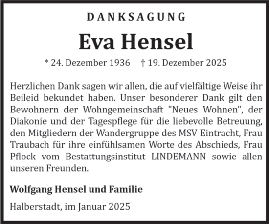 Traueranzeige von Eva Hensel von Volksstimme Halberstadt