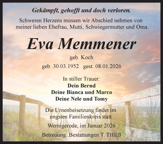 Traueranzeige von Eva Memmener von Volksstimme Wernigerode