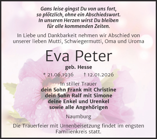 Traueranzeige von Eva Peter von Super Sonntag Naumburg/Nebra