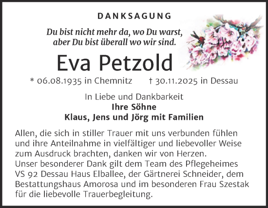 Traueranzeige von Eva Petzold von Trauerkombi Dessau