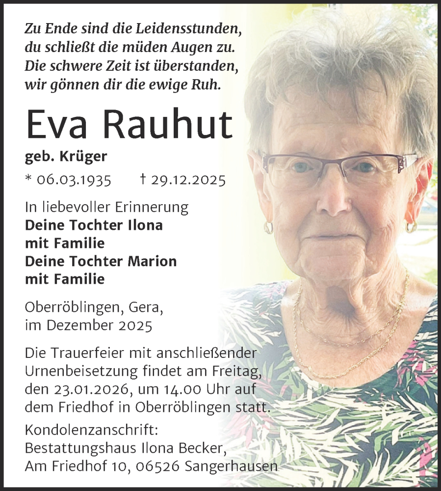  Traueranzeige für Eva Rauhut vom 17.01.2026 aus Trauerkombi Sangerhausen