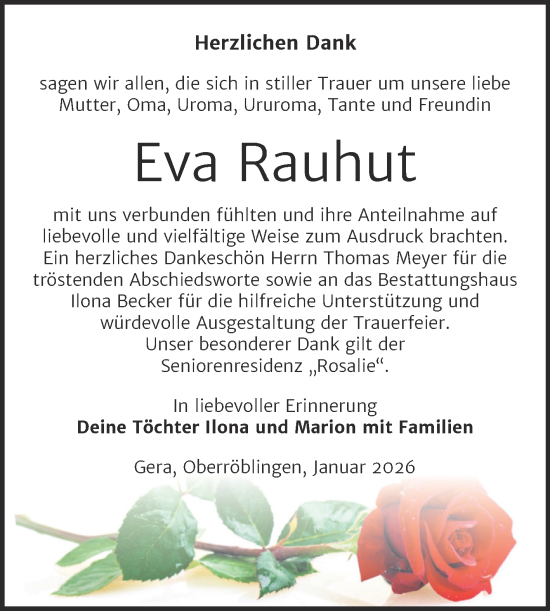 Traueranzeige von Eva Rauhut von Trauerkombi Sangerhausen