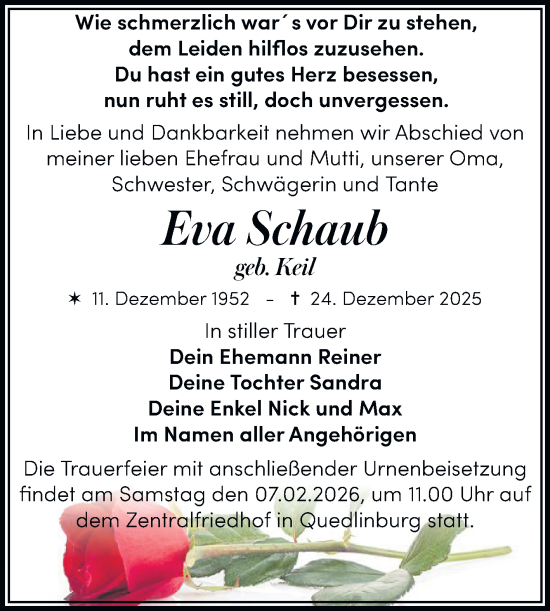 Traueranzeige von Eva Schaub von Trauerkombi Quedlinburg