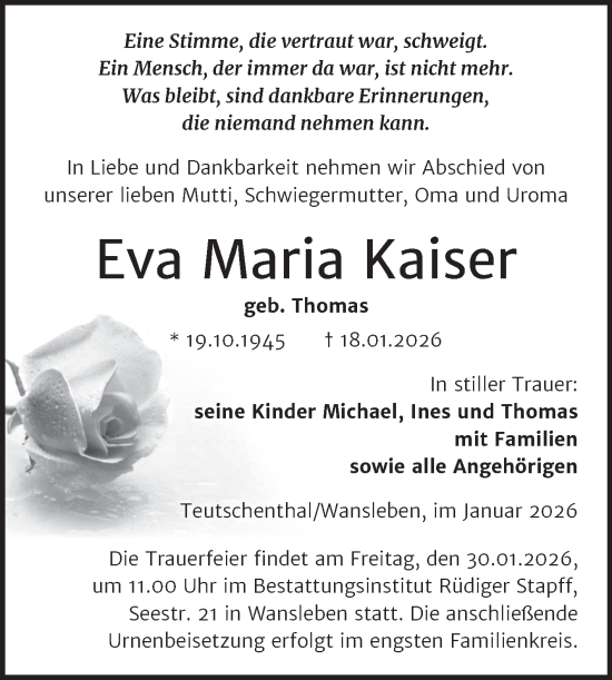 Traueranzeige von Eva Maria Kaiser von Trauerkombi Mansfelder Land