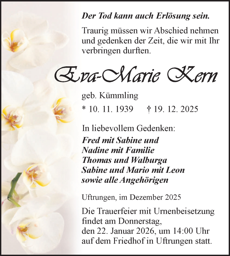  Traueranzeige für Eva Marie Kern vom 17.01.2026 aus Trauerkombi Sangerhausen
