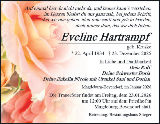 Traueranzeige von Eveline Hartrampf von Volksstimme Magdeburg