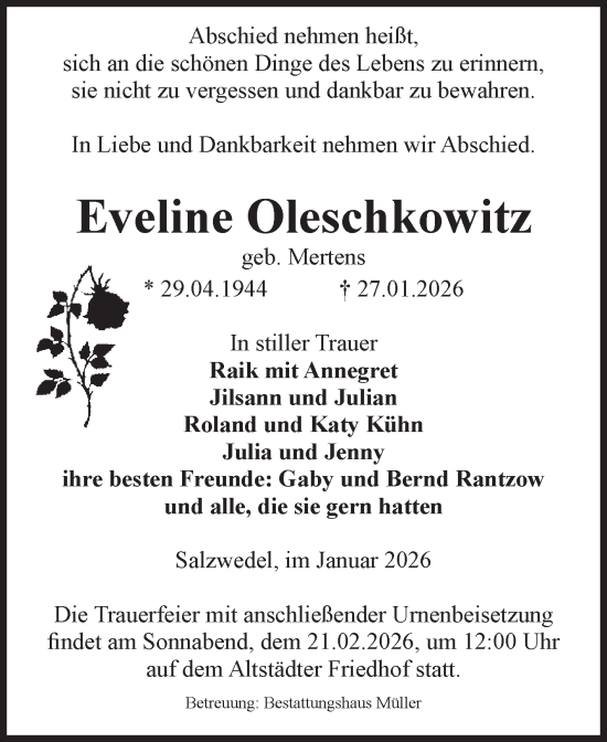Traueranzeige von Eveline Oleschkowitz von Volksstimme Altmark West