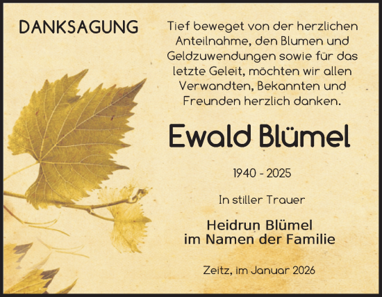 Traueranzeige von Ewald Blümel von Trauerkombi Zeitz