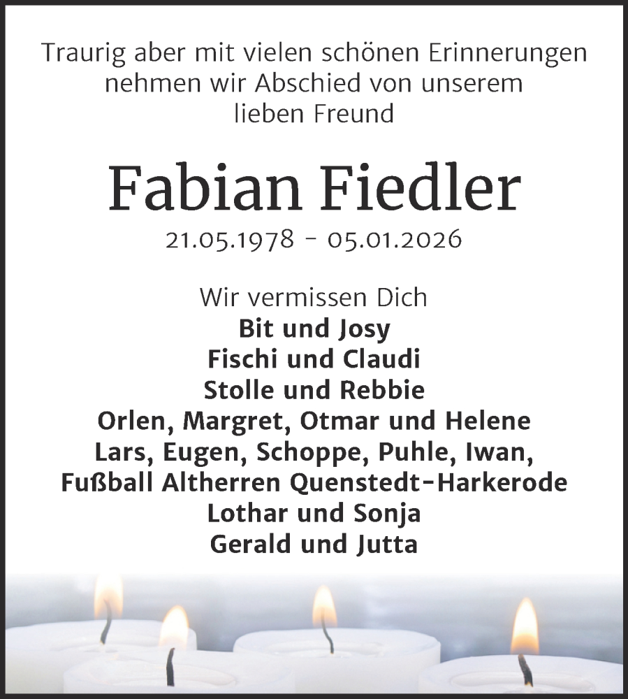 Traueranzeige für Fabian Fiedler vom 24.01.2026 aus Trauerkombi Mansfelder Land