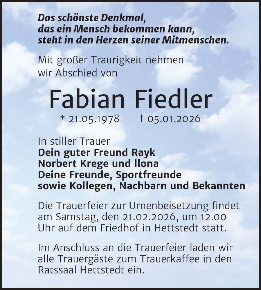  Traueranzeige für Fabian Fiedler vom 21.01.2026 aus Trauerkombi Mansfelder Land